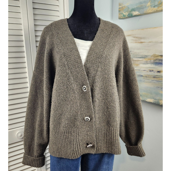 H&M Oversized Fuzzy Cardigan Gray V-Neck Rhinestone Buttons Large Wool Blend - Picture 1 of 9